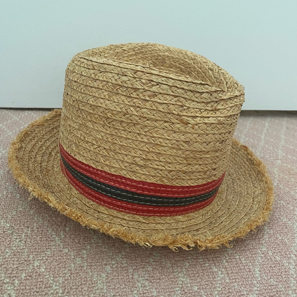 Straw Beach Hat with Red & Navy Stripes